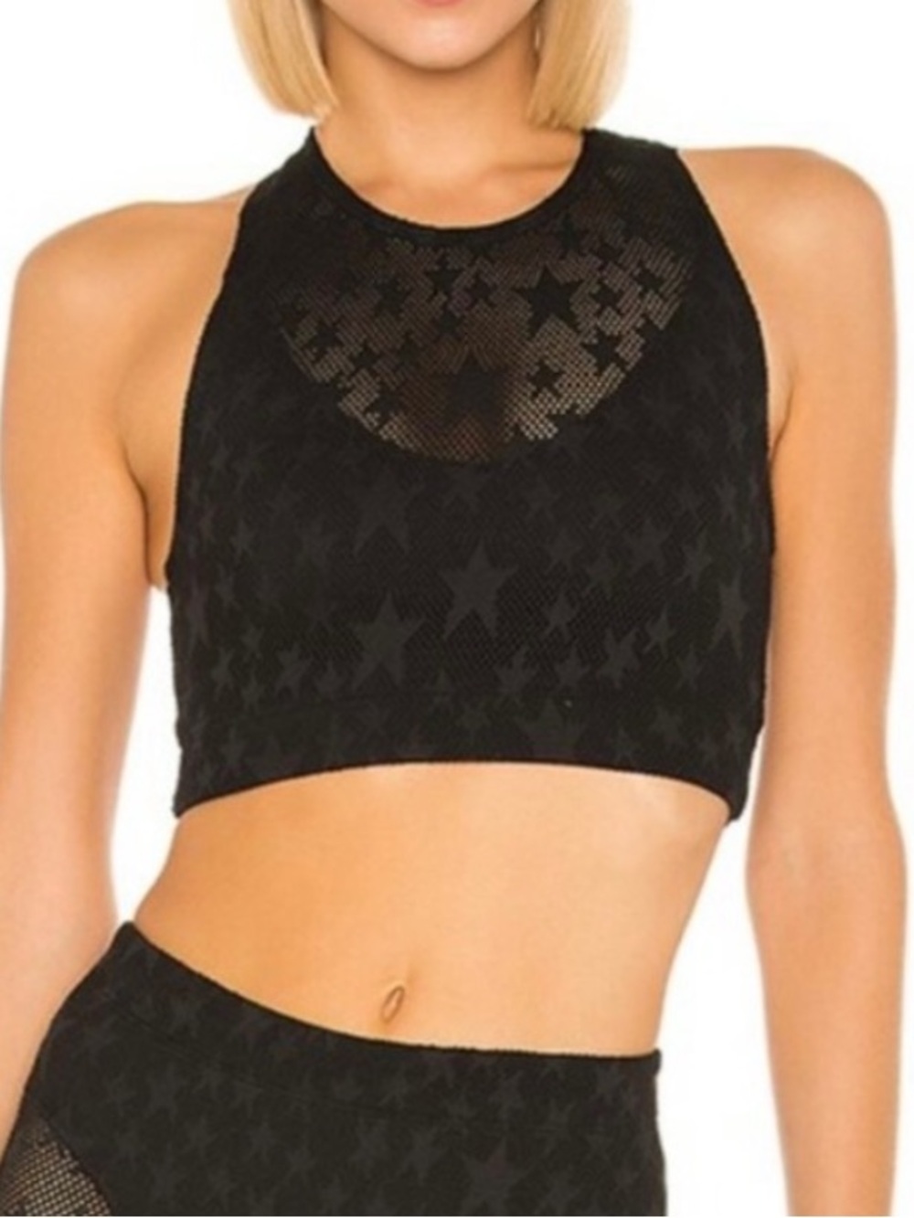NWT Adam Selman Sport XS Black Perforated Stars Racer Back Crop Top Sports Bra